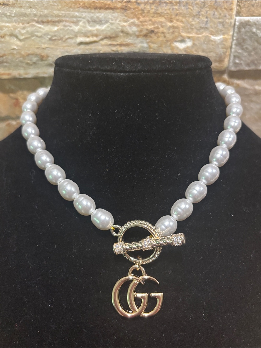 Faux White Pearl Necklace with Gold Double G Charm